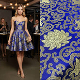 Royal Blue Glossy Satin Brocade - Golden Geometric Jacquard Fabric