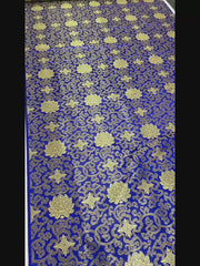 Royal Blue Glossy Satin Brocade - Golden Geometric Jacquard Fabric