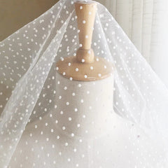 White Polka Dot Embroidery Lace Fabric - Sheer Flocked Tulle Mesh