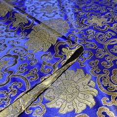 Royal Blue Glossy Satin Brocade - Golden Geometric Jacquard Fabric