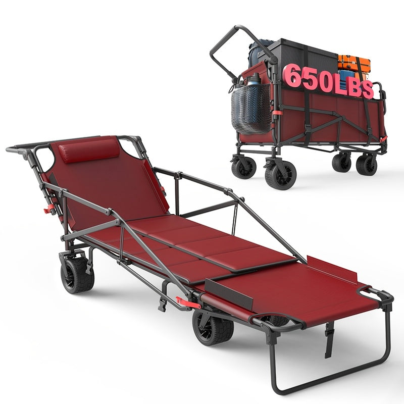 2-in-1 Collapsible Garden Wagon & Beach Chair – 650lbs Heavy Duty Folding Utility Cart with All-Terrain Wheels for Camping, Grocery & Outdoor Use
