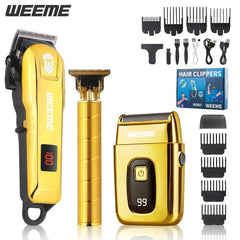 3-Piece Professional Blonde Hair Clipper & Trimmer Kit for Men - USB-Rechargeable Barber Set Featuring LCD Display, Adjustable Blade Hair Clippers, and Professional Men's Trimmer